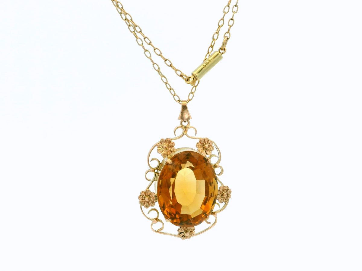 ANTIQUE ARTS &amp; CRAFTS CITRINE PENDANT &amp; CHAIN 9ct GOLD