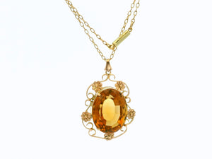 ANTIQUE ARTS & CRAFTS CITRINE PENDANT & CHAIN 9ct GOLD