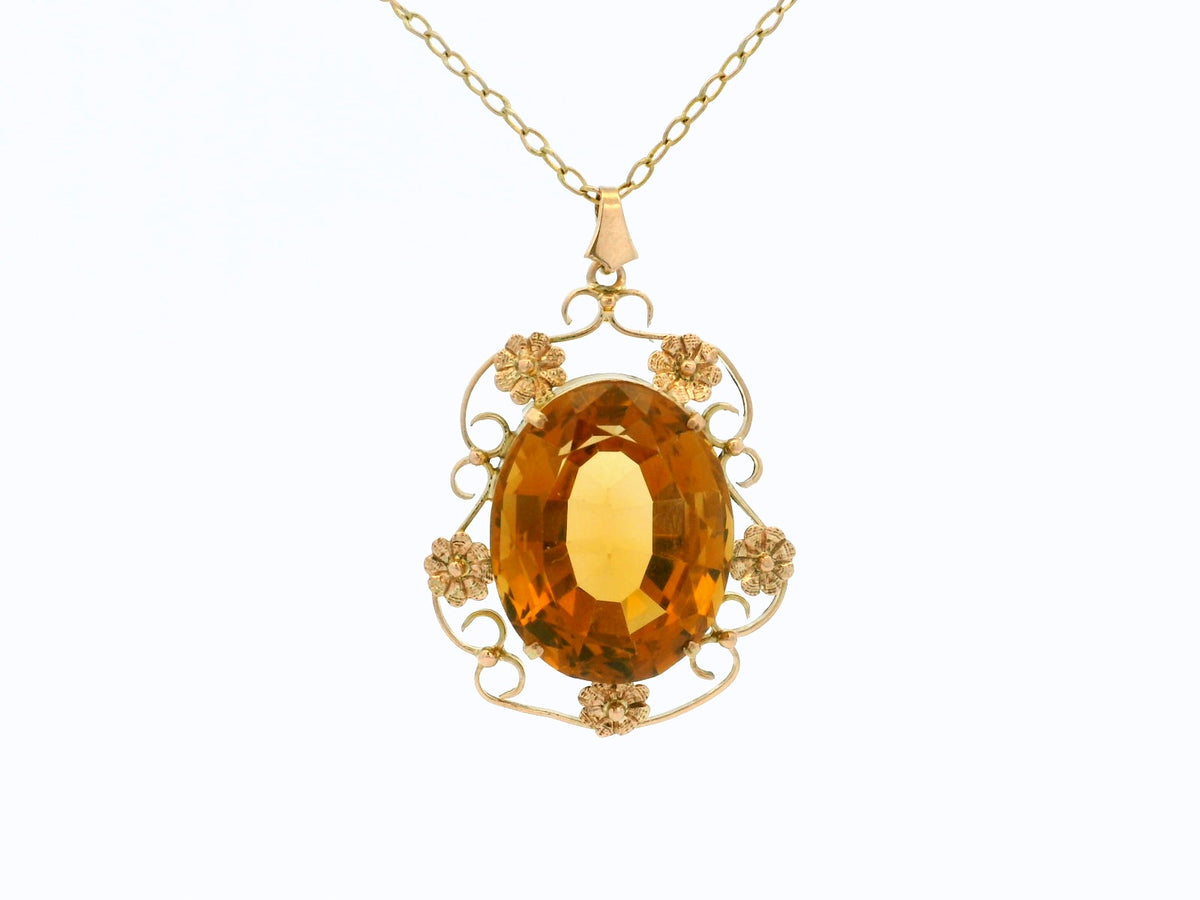 ANTIQUE ARTS &amp; CRAFTS CITRINE PENDANT &amp; CHAIN 9ct GOLD