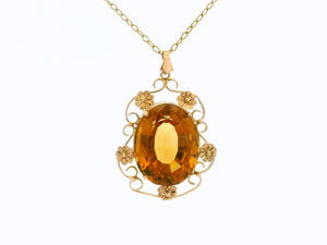 ANTIQUE ARTS & CRAFTS CITRINE PENDANT & CHAIN 9ct GOLD