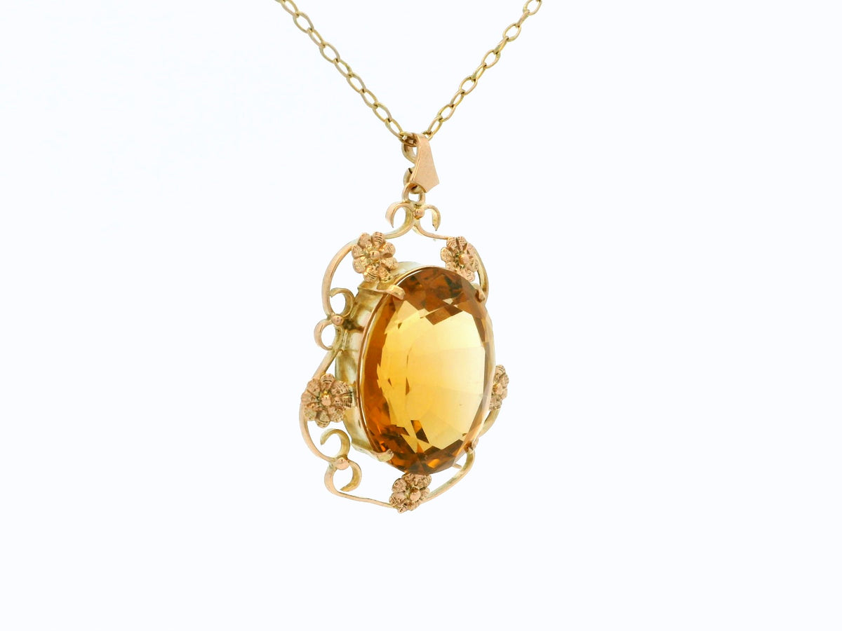 ANTIQUE ARTS &amp; CRAFTS CITRINE PENDANT &amp; CHAIN 9ct GOLD