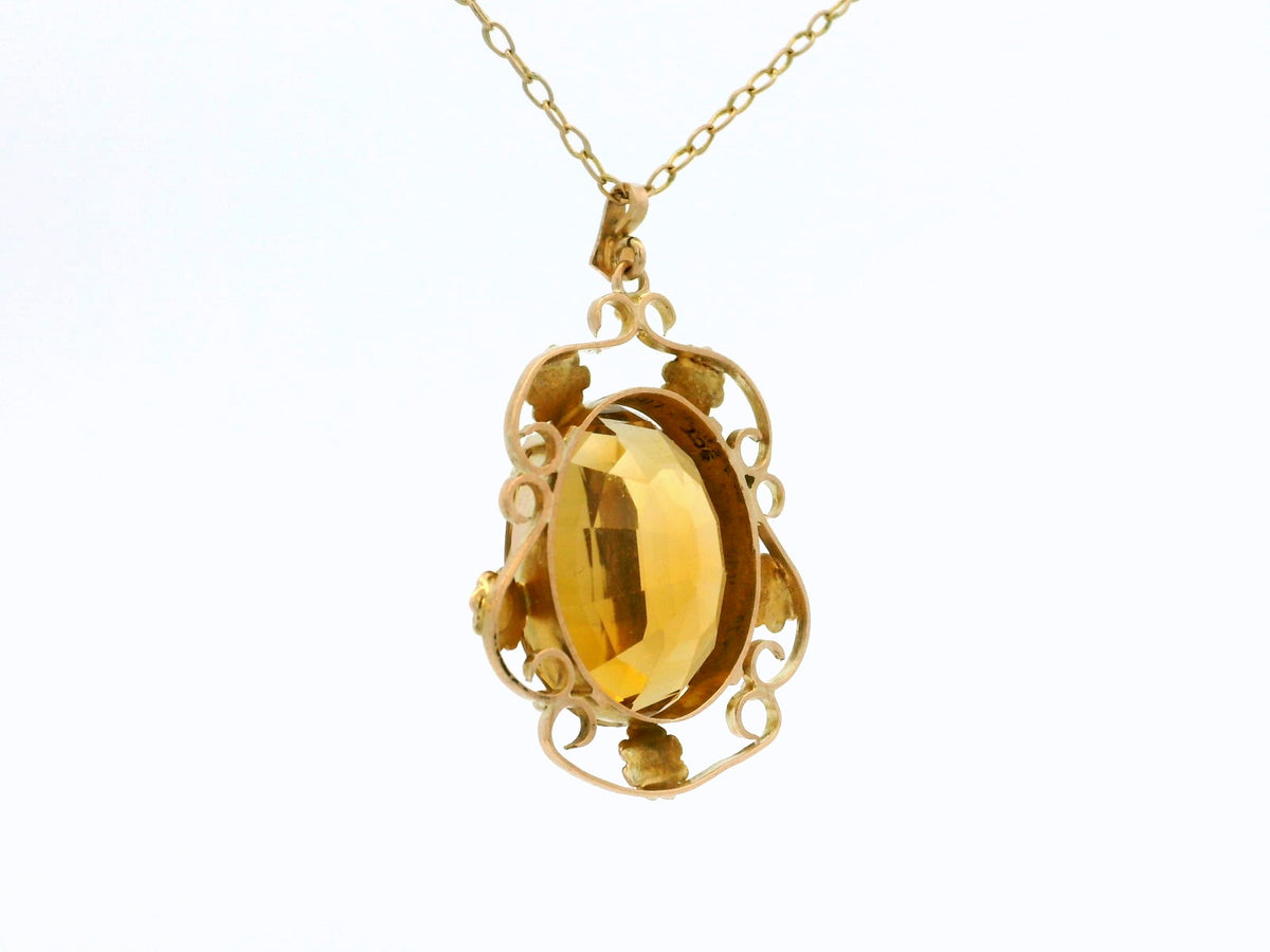 ANTIQUE ARTS &amp; CRAFTS CITRINE PENDANT &amp; CHAIN 9ct GOLD