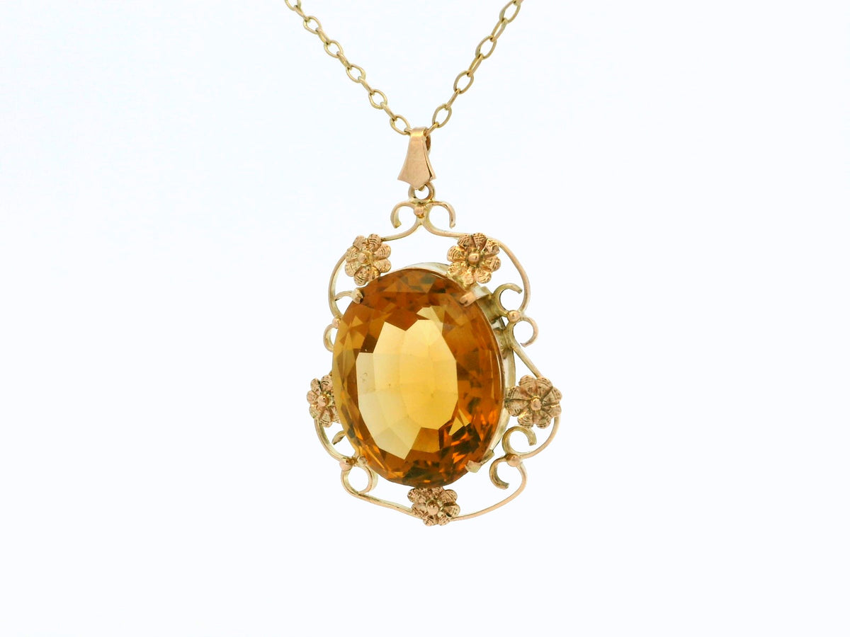 ANTIQUE ARTS &amp; CRAFTS CITRINE PENDANT &amp; CHAIN 9ct GOLD