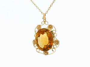 ANTIQUE ARTS & CRAFTS CITRINE PENDANT & CHAIN 9ct GOLD