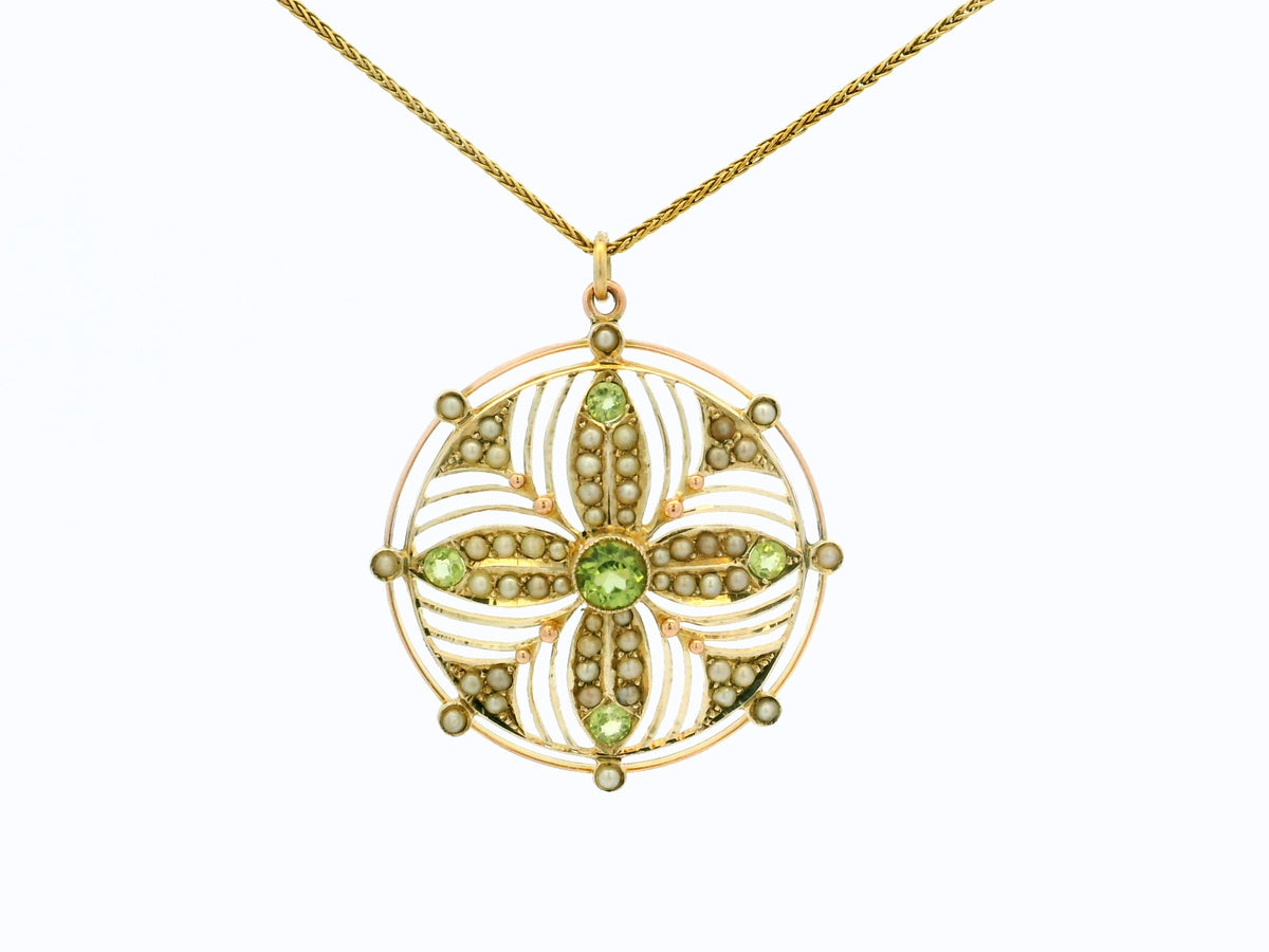 ANTIQUE EDWARDIAN PERIDOT &amp; SEED PEARL PENDANT 9ct GOLD
