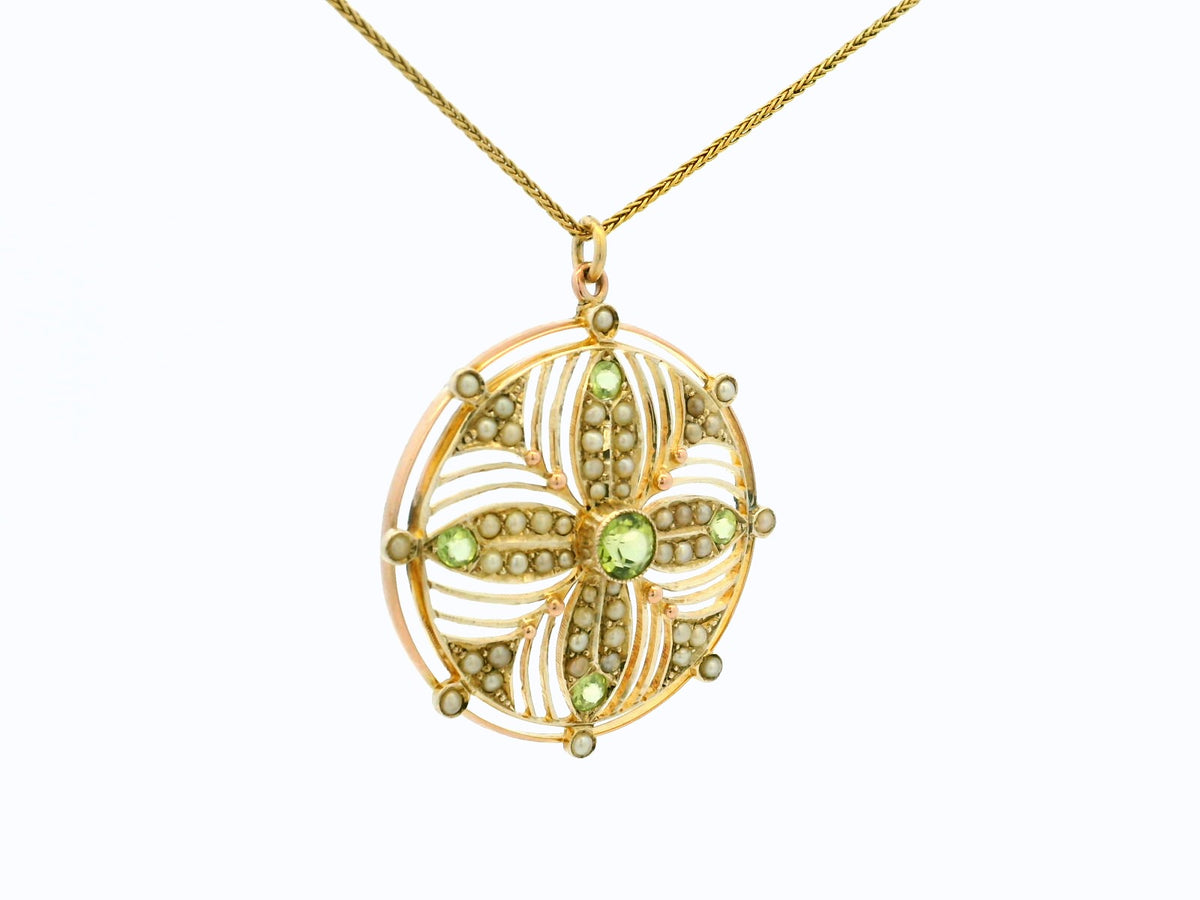 ANTIQUE EDWARDIAN PERIDOT &amp; SEED PEARL PENDANT 9ct GOLD