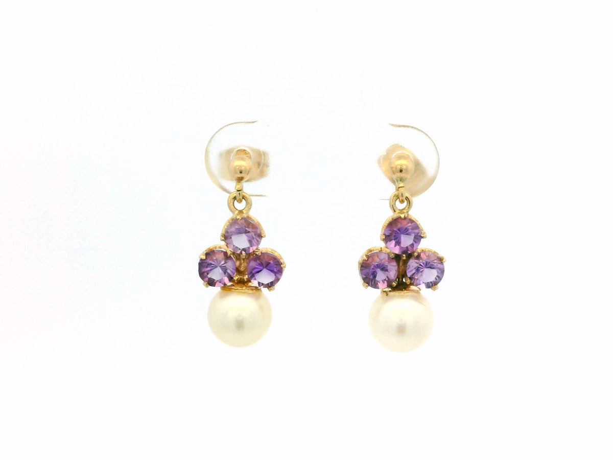 VINTAGE MID CENTURY AMETHYST & PEARL EARRINGS 9ct GOLD