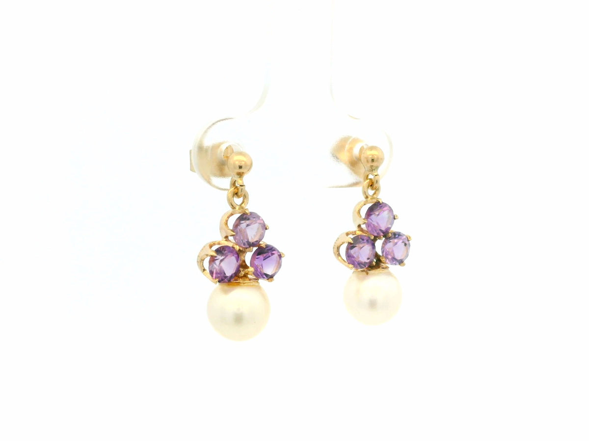 VINTAGE MID CENTURY AMETHYST & PEARL EARRINGS 9ct GOLD