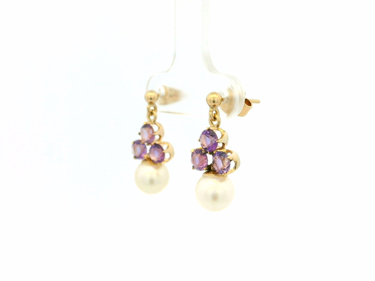 VINTAGE MID CENTURY AMETHYST & PEARL EARRINGS 9ct GOLD
