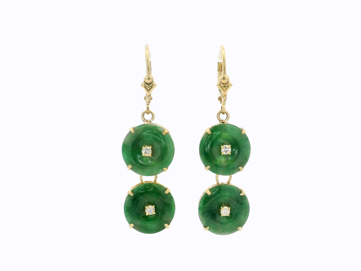 VINTAGE ART DECO JADE &amp; DIAMOND EARRINGS 14ct GOLD