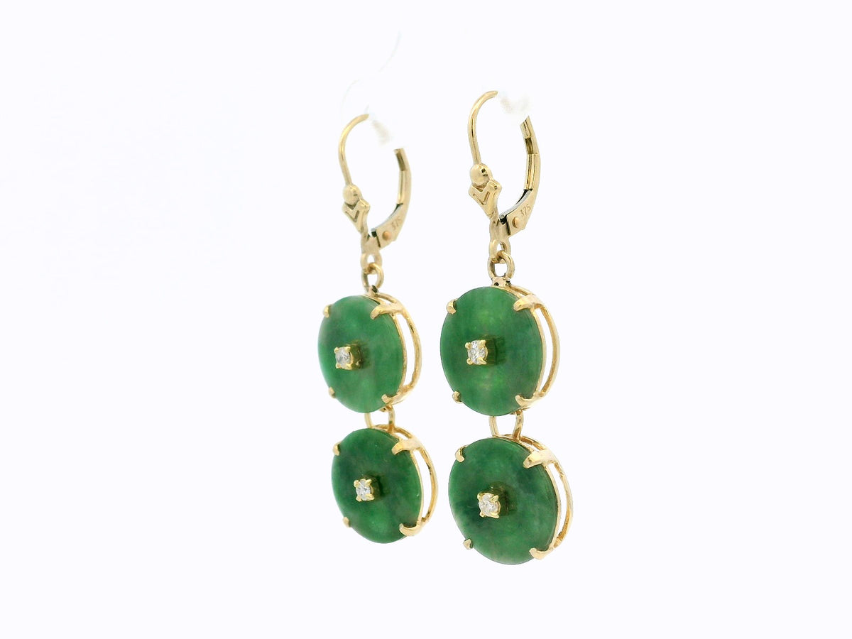VINTAGE ART DECO JADE &amp; DIAMOND EARRINGS 14ct GOLD