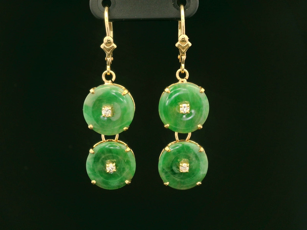 VINTAGE ART DECO JADE &amp; DIAMOND EARRINGS 14ct GOLD
