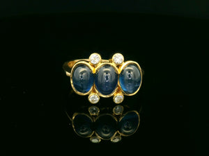 VINTAGE MID CENTURY CABOCHON SAPPHIRE & DIAMOND RING 18ct GOLD