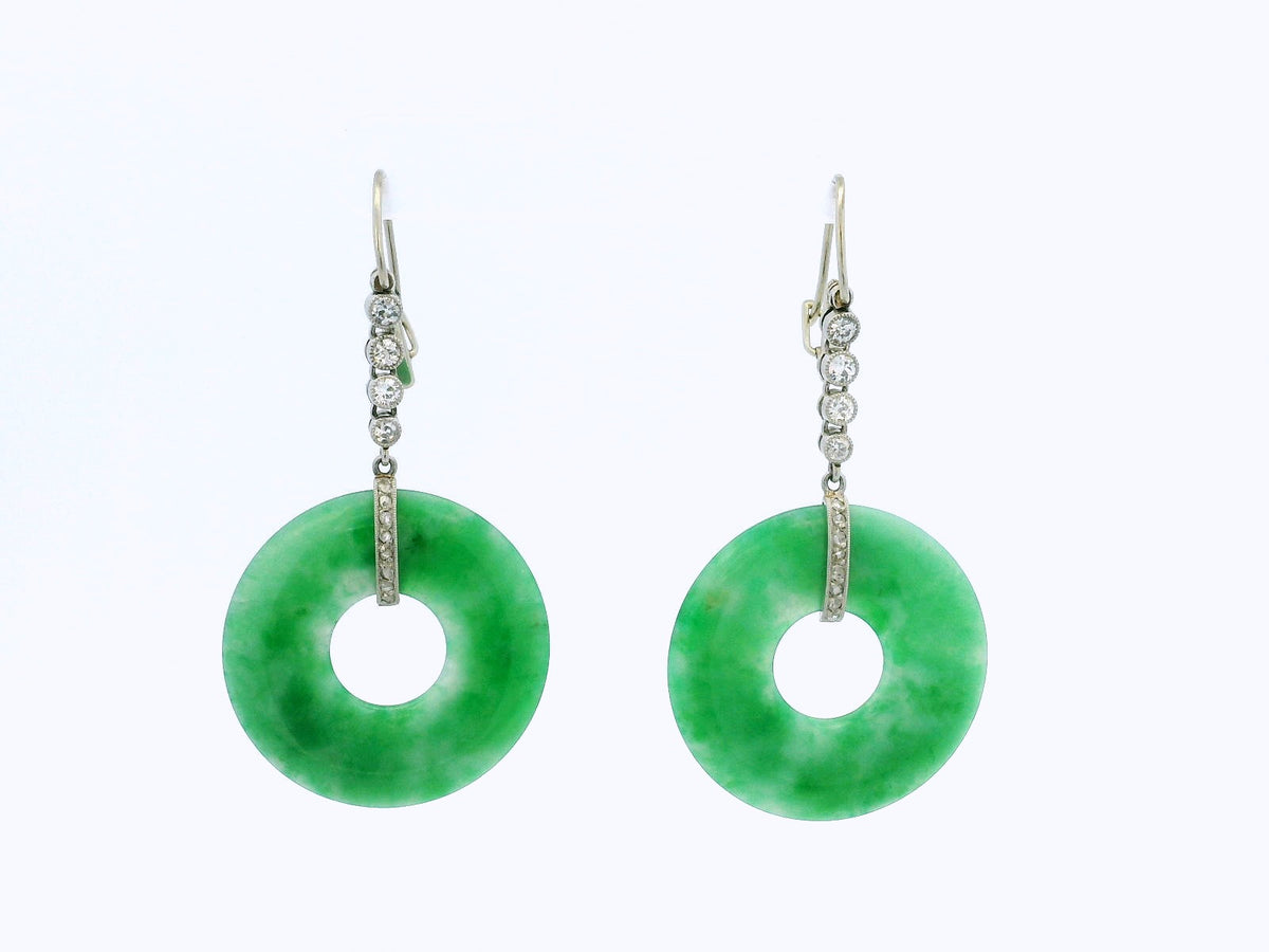 ANTIQUE ART DECO JADE &amp; DIAMOND EARRINGS 9ct GOLD