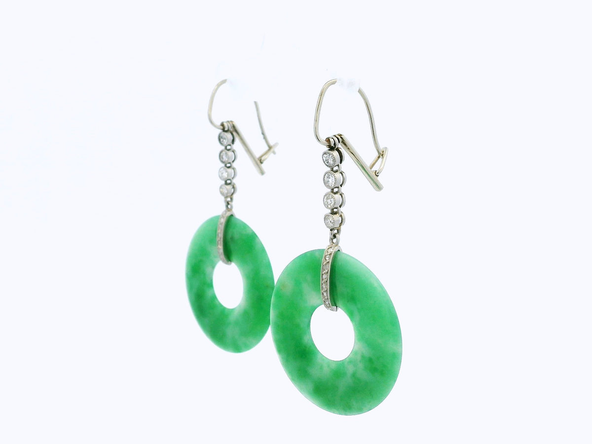 ANTIQUE ART DECO JADE &amp; DIAMOND EARRINGS 9ct GOLD