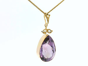 ANTIQUE EDWARDIAN AMETHYST & SEED PEARL PENDANT 14ct GOLD