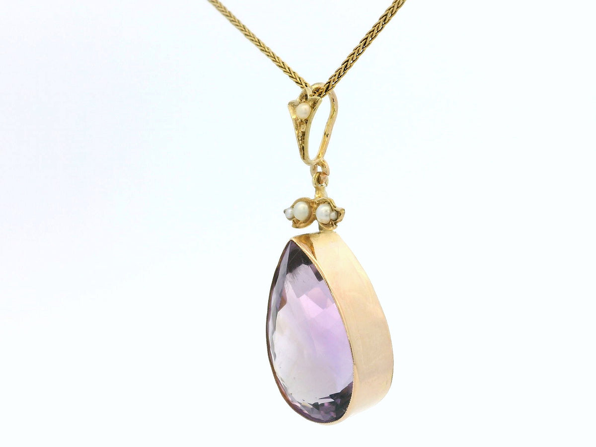 ANTIQUE EDWARDIAN AMETHYST & SEED PEARL PENDANT 14ct GOLD