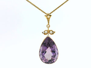 ANTIQUE EDWARDIAN AMETHYST & SEED PEARL PENDANT 14ct GOLD