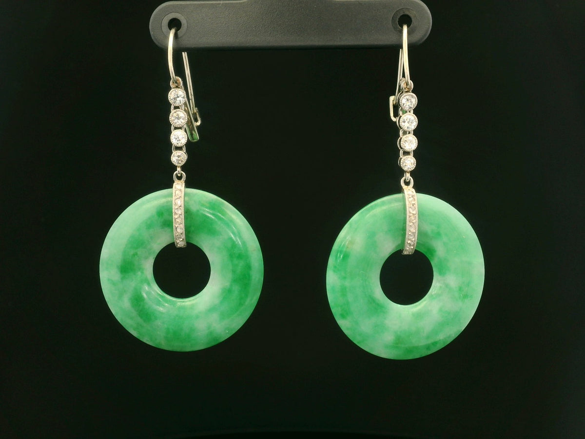 ANTIQUE ART DECO JADE &amp; DIAMOND EARRINGS 9ct GOLD