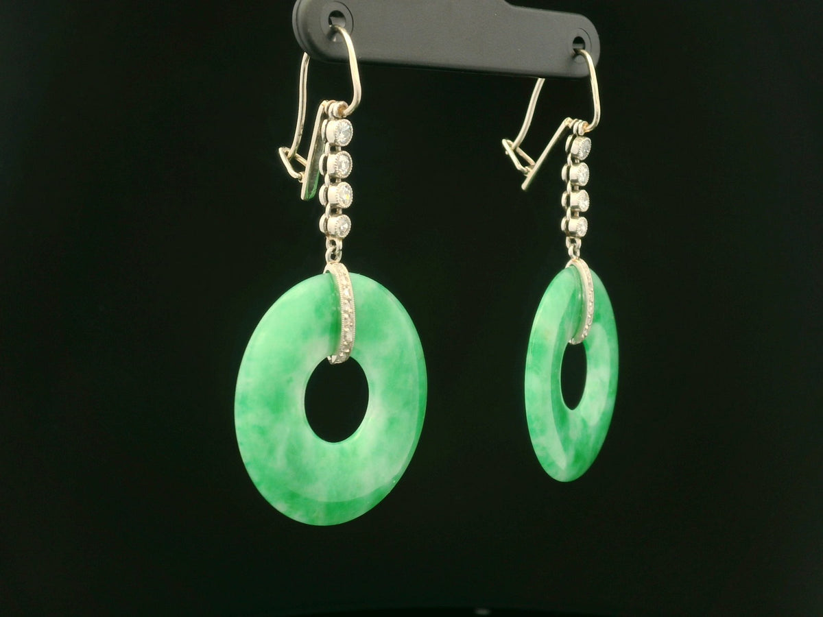 ANTIQUE ART DECO JADE &amp; DIAMOND EARRINGS 9ct GOLD