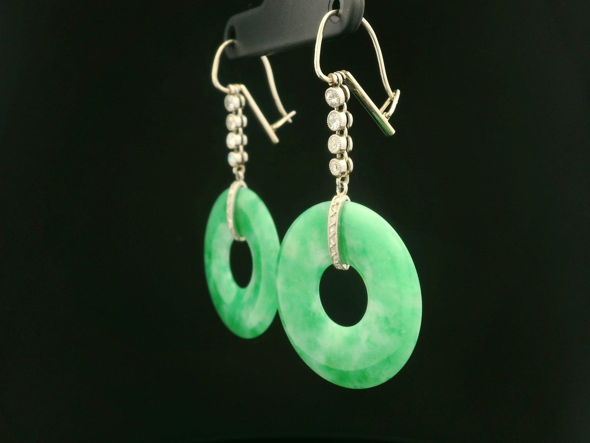 ANTIQUE ART DECO JADE &amp; DIAMOND EARRINGS 9ct GOLD