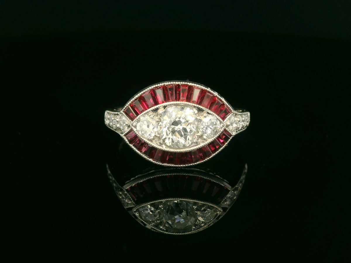 ANTIQUE ART DECO RUBY &amp; DIAMOND RING 18ct WHITE GOLD