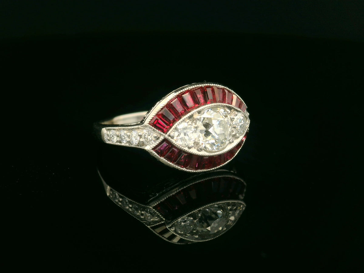 ANTIQUE ART DECO RUBY &amp; DIAMOND RING 18ct WHITE GOLD