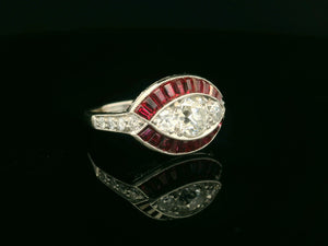 ANTIQUE ART DECO RUBY & DIAMOND RING 18ct WHITE GOLD