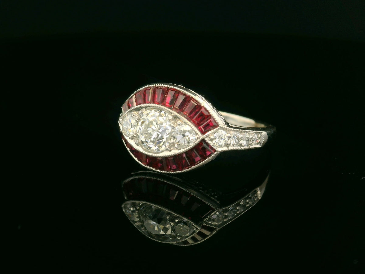 ANTIQUE ART DECO RUBY &amp; DIAMOND RING 18ct WHITE GOLD