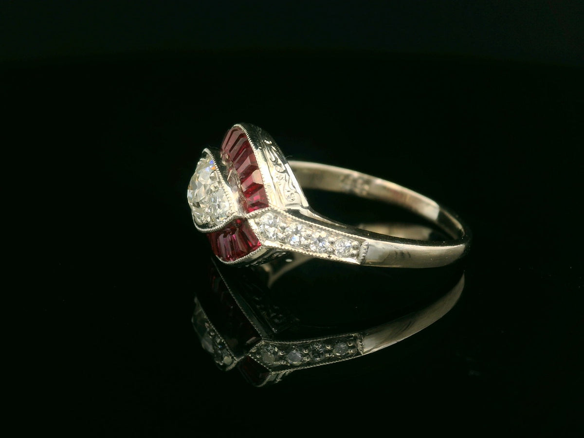 ANTIQUE ART DECO RUBY &amp; DIAMOND RING 18ct WHITE GOLD