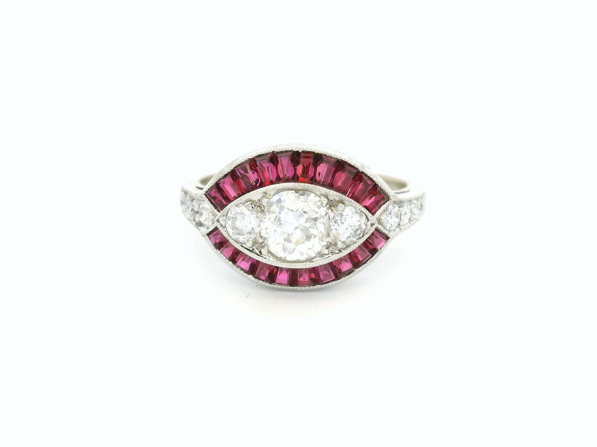 ANTIQUE ART DECO RUBY &amp; DIAMOND RING 18ct WHITE GOLD