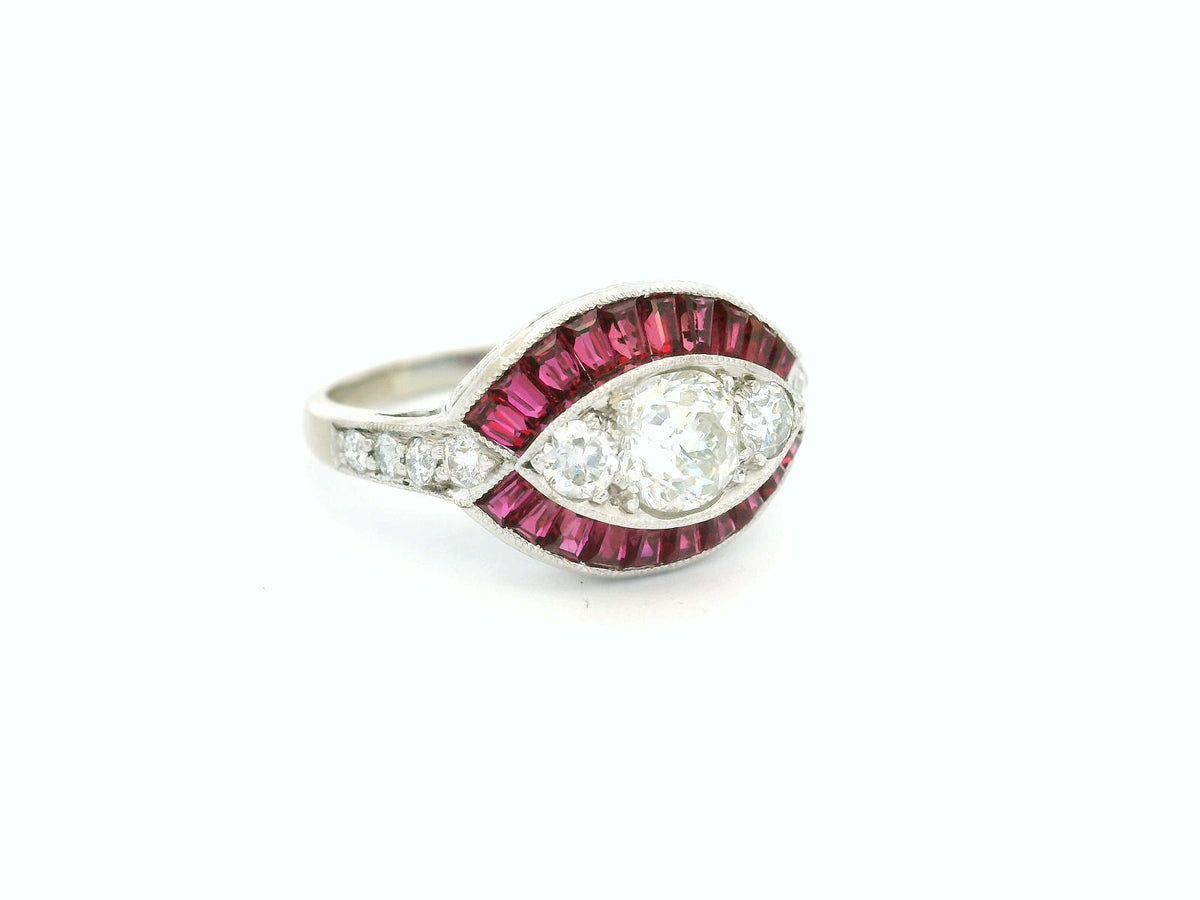ANTIQUE ART DECO RUBY &amp; DIAMOND RING 18ct WHITE GOLD
