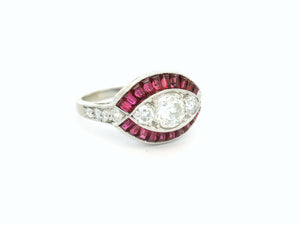 ANTIQUE ART DECO RUBY & DIAMOND RING 18ct WHITE GOLD