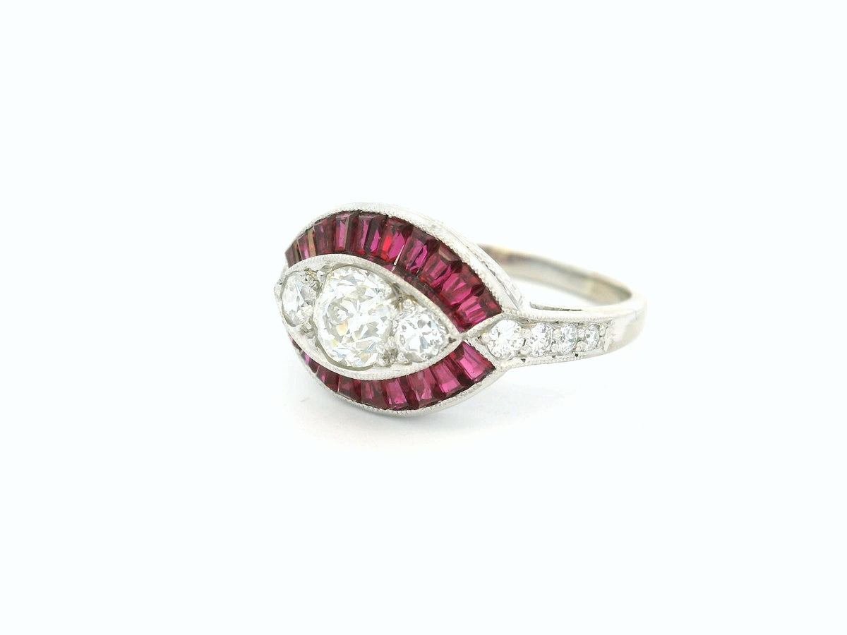 ANTIQUE ART DECO RUBY &amp; DIAMOND RING 18ct WHITE GOLD