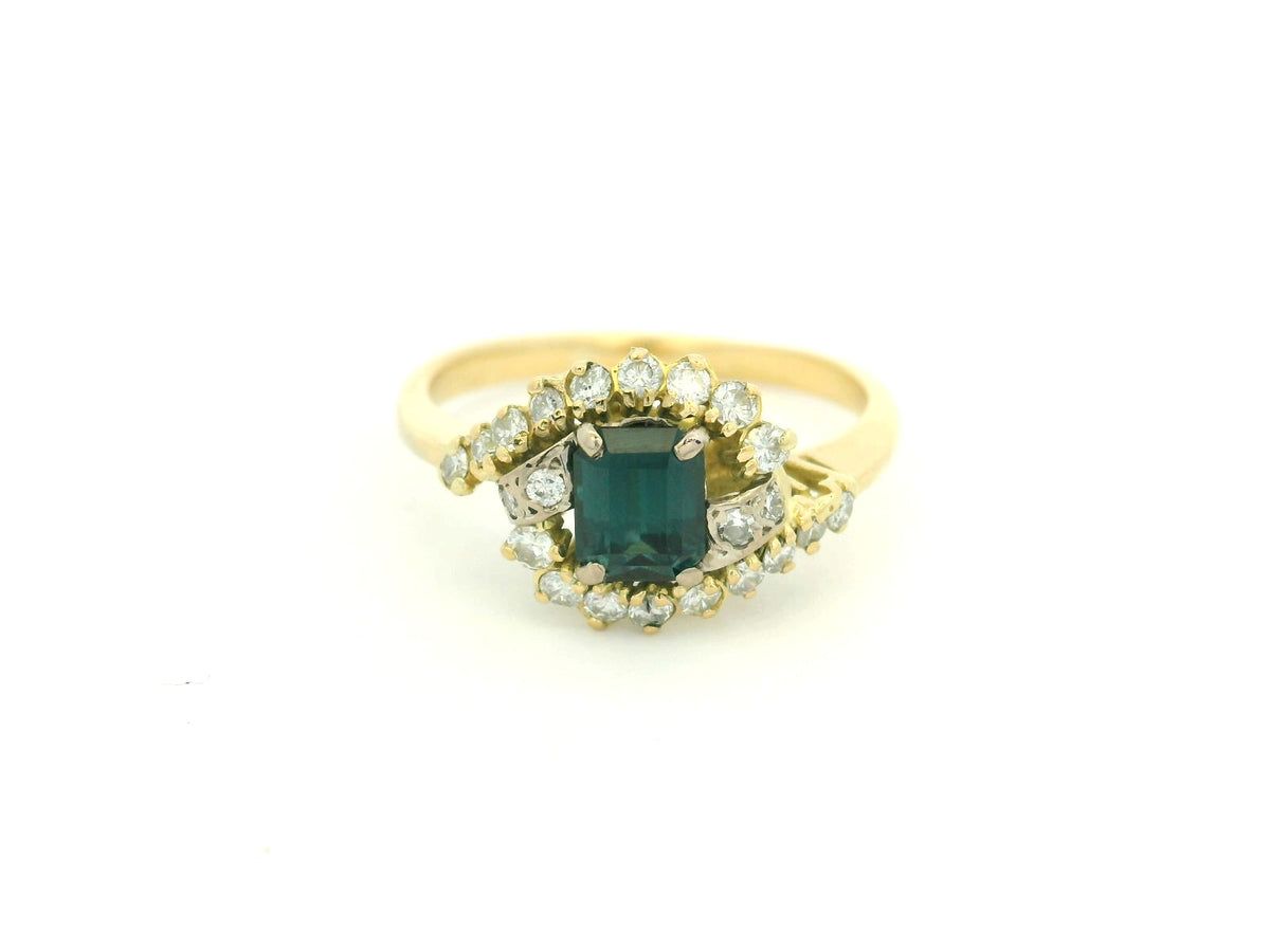 VINTAGE TEAL SAPPHIRE &amp; DIAMOND RING 18ct GOLD