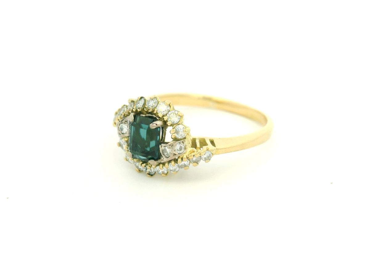 VINTAGE TEAL SAPPHIRE &amp; DIAMOND RING 18ct GOLD