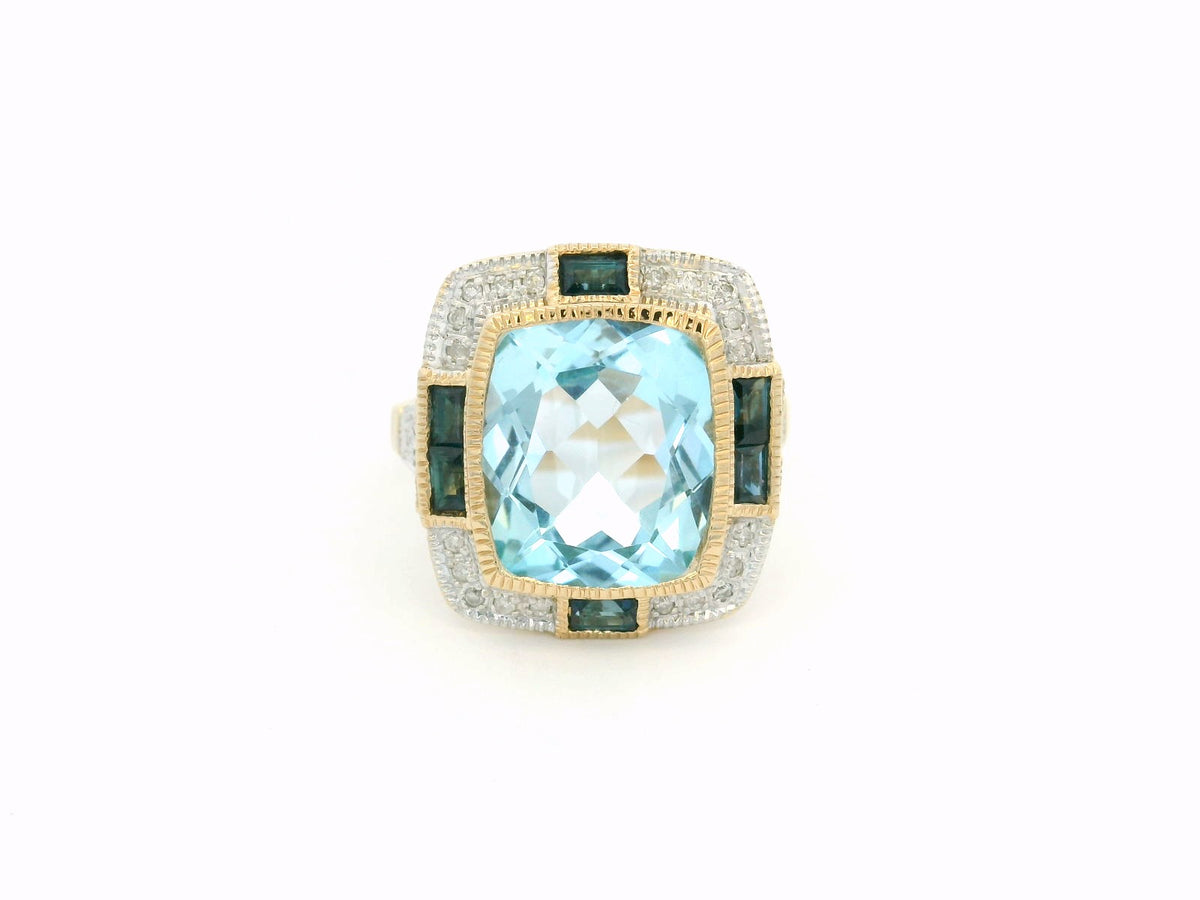 MODERN ART DECO STYLE TOPAZ SAPPHIRE &amp; DIAMOND RING 9ct GOLD
