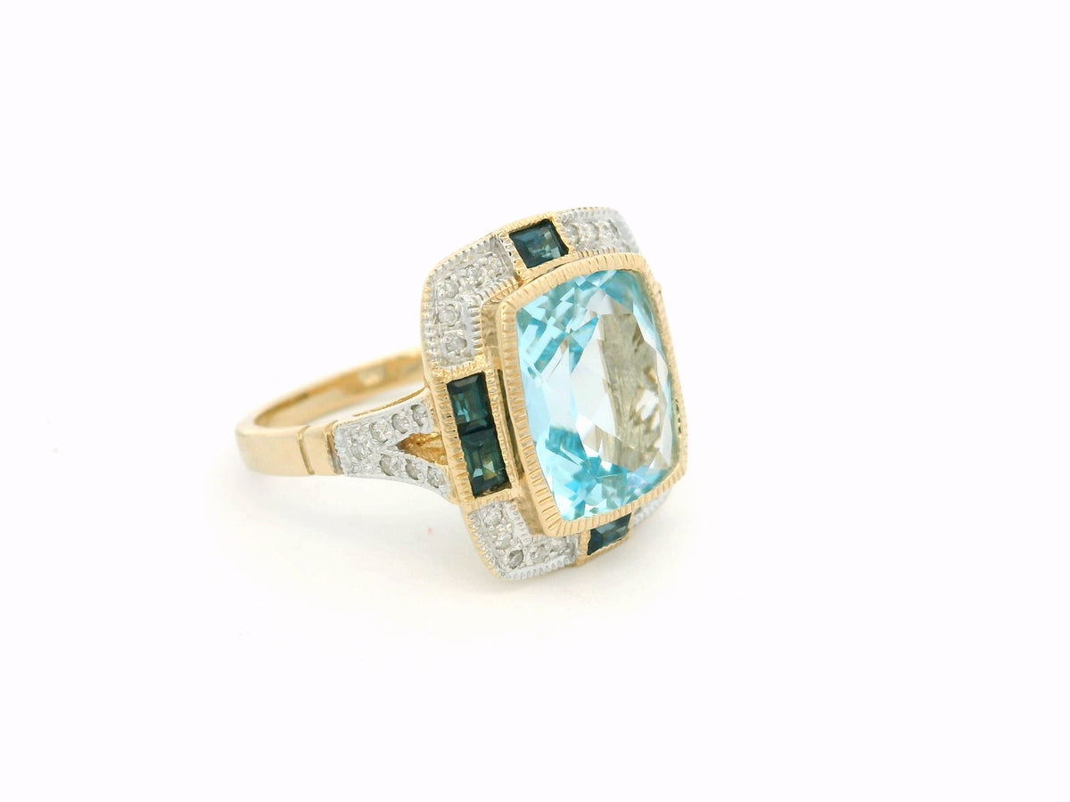 MODERN ART DECO STYLE TOPAZ SAPPHIRE &amp; DIAMOND RING 9ct GOLD