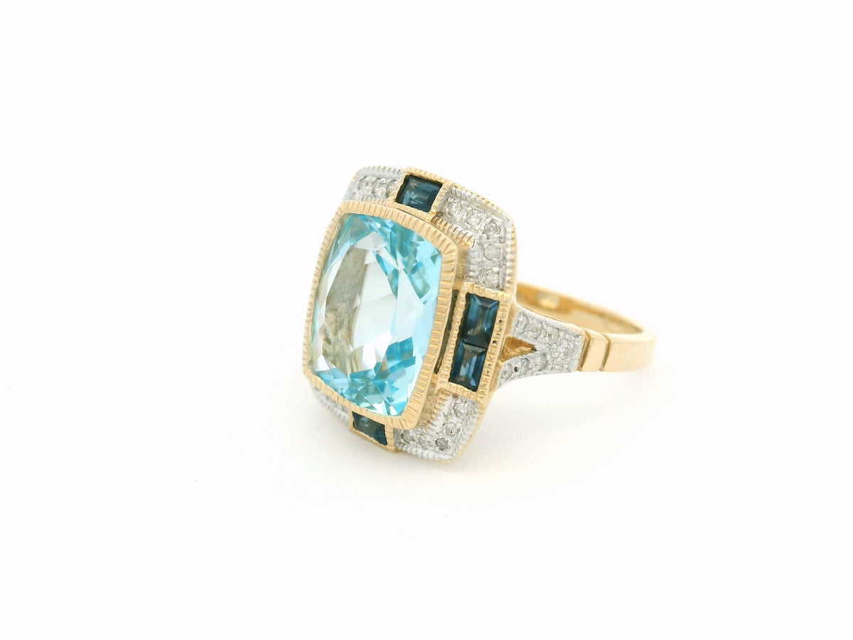 MODERN ART DECO STYLE TOPAZ SAPPHIRE &amp; DIAMOND RING 9ct GOLD