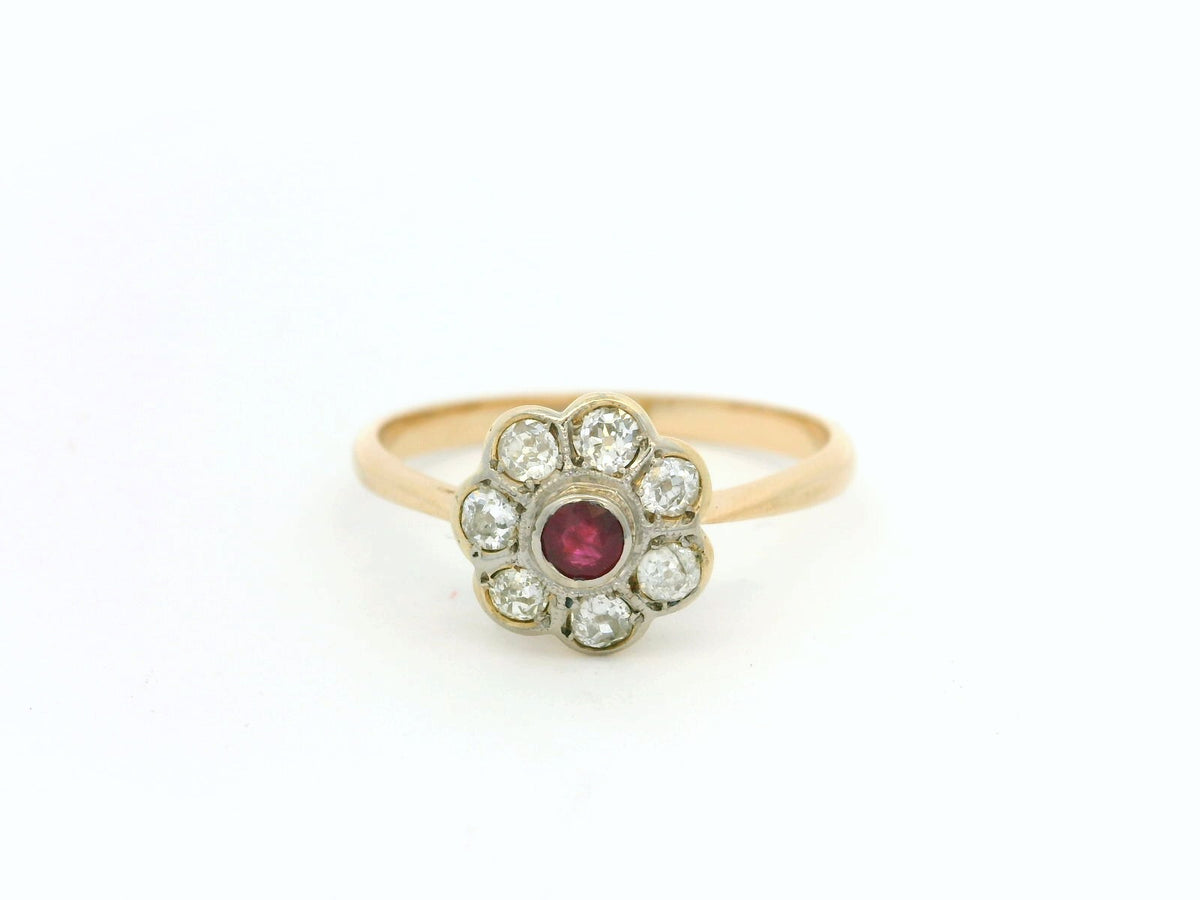 ANTIQUE RUBY &amp; DIAMOND DAISY RING 18ct GOLD