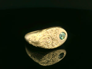 CUSTOM R&V PARTI SAHPPHIRE ENGRAVED SIGNET RING 9ct GOLD