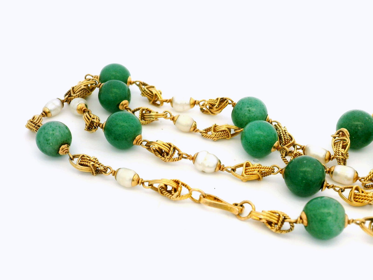 VINTAGE AVENTURINE QUARTZ &amp; KESHI PEARL NECKLACE 18ct GOLD