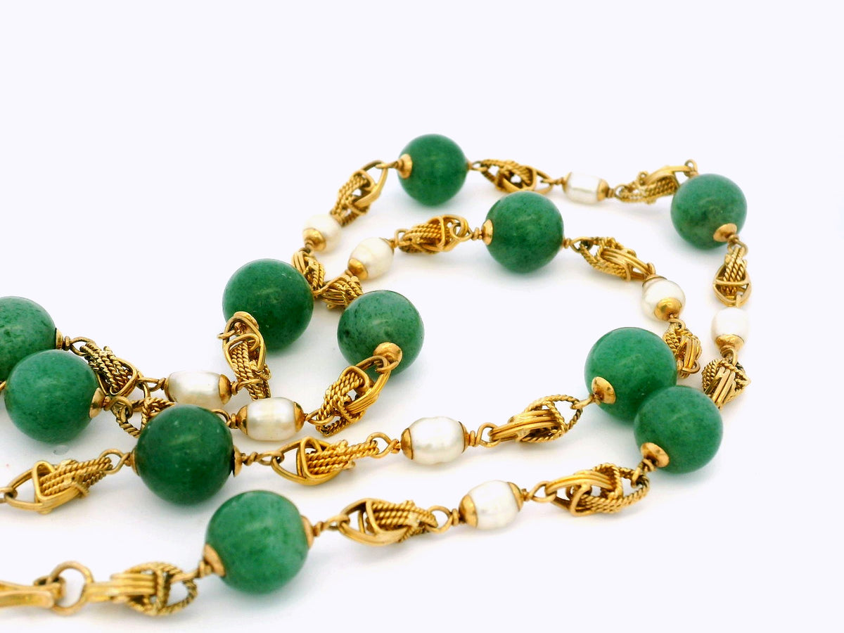 VINTAGE AVENTURINE QUARTZ &amp; KESHI PEARL NECKLACE 18ct GOLD
