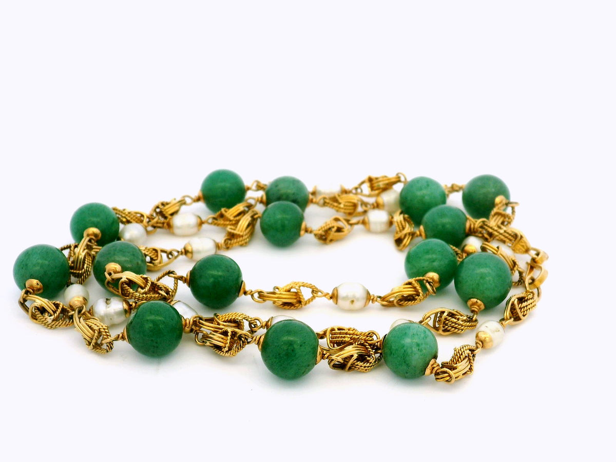 VINTAGE AVENTURINE QUARTZ &amp; KESHI PEARL NECKLACE 18ct GOLD