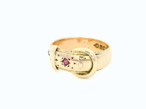 ANTIQUE VICTORIAN 1878 RUBY BUCKLE RING 9ct GOLD