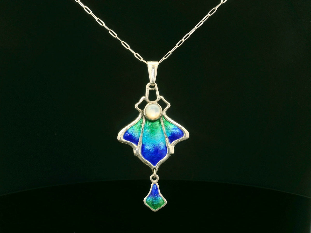 ANTIQUE ART NOUVEAU 1901 CHARLES HORNER SLIVER ENAMEL &amp; MOONSTONE NECKLACE &amp; CHAIN