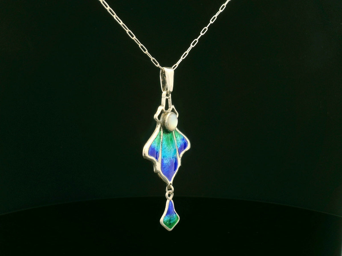 ANTIQUE ART NOUVEAU 1901 CHARLES HORNER SLIVER ENAMEL &amp; MOONSTONE NECKLACE &amp; CHAIN