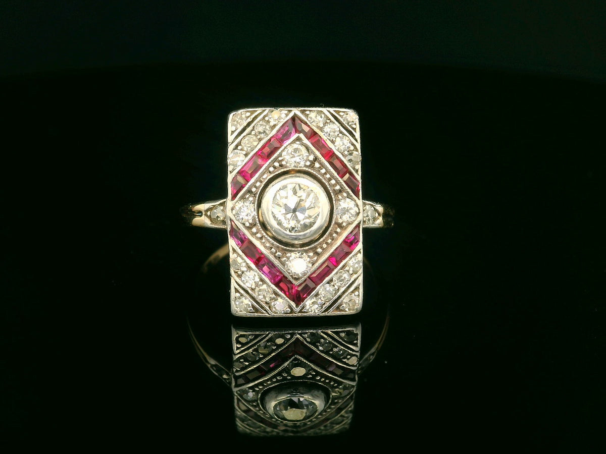 ANTIQUE FRENCH ART DECO DIAMOND &amp; RUBY RING 18ct GOLD