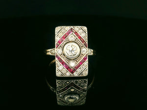 ANTIQUE FRENCH ART DECO DIAMOND & RUBY RING 18ct GOLD