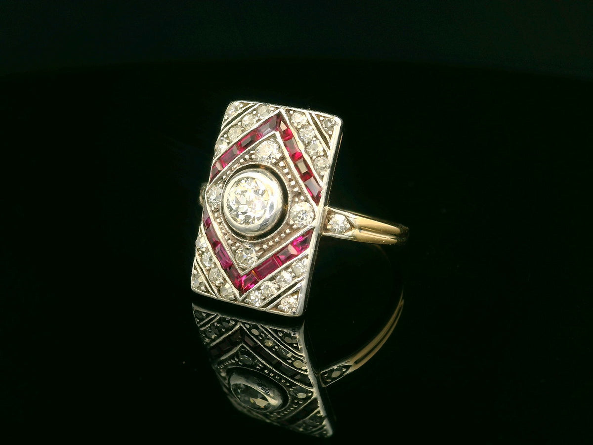 ANTIQUE FRENCH ART DECO DIAMOND &amp; RUBY RING 18ct GOLD